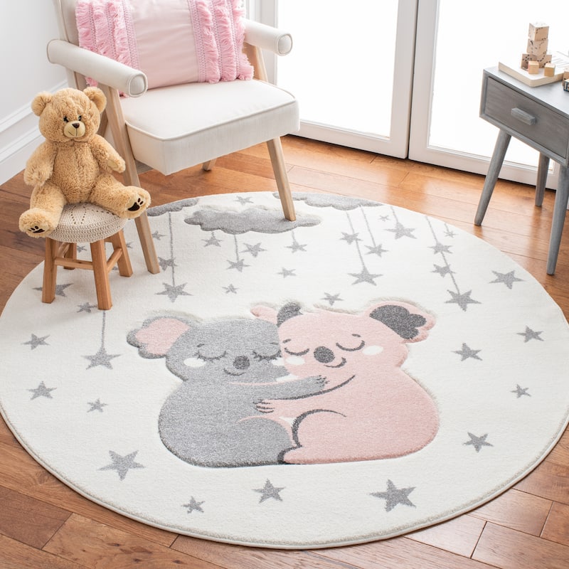 SAFAVIEH Carousel Kids Melda Koala Hug Rug - 5'3" Round - Ivory/Pink