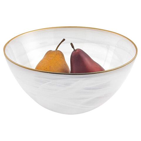 10 Hand Crafted White Gold Glass Fruit or Salad Bowl With Gold Rim - 10" X 10" X 6"