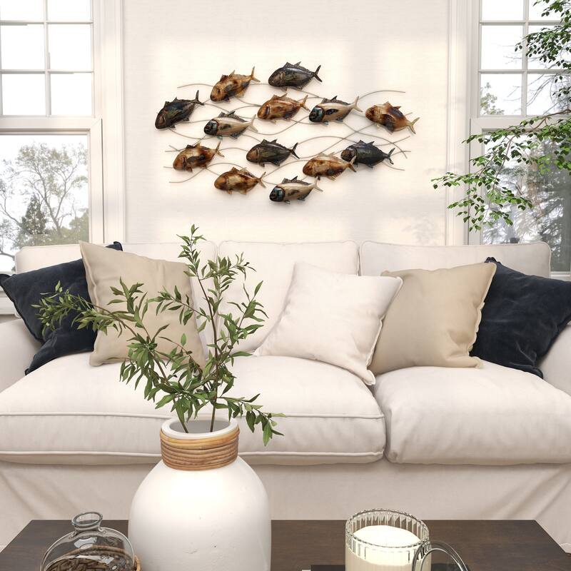Blue Metal Indoor Outdoor Fish Home Wall Decor with Silver and Bronze Accents