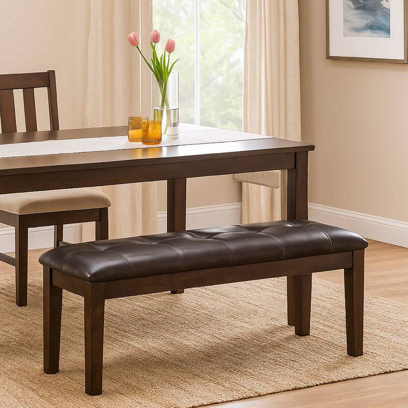 Hado Dining Bench, 49 Inch, Tufted Faux Leather Seat, Dark Brown