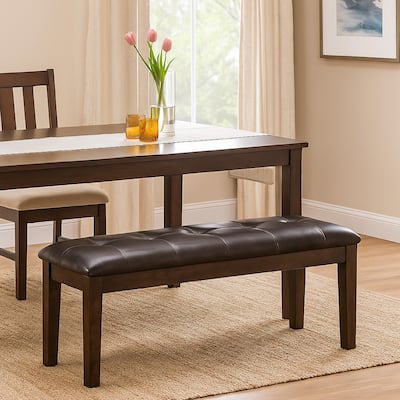 Hado Dining Bench, 49 Inch, Tufted Faux Leather Seat, Dark Brown