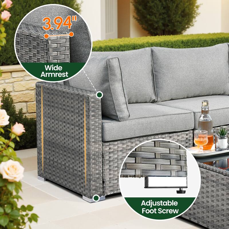 HOOOWOOO 8-piece Grey Wicker Patio Furniture Set Sectional Sofa with Fire Pit Table