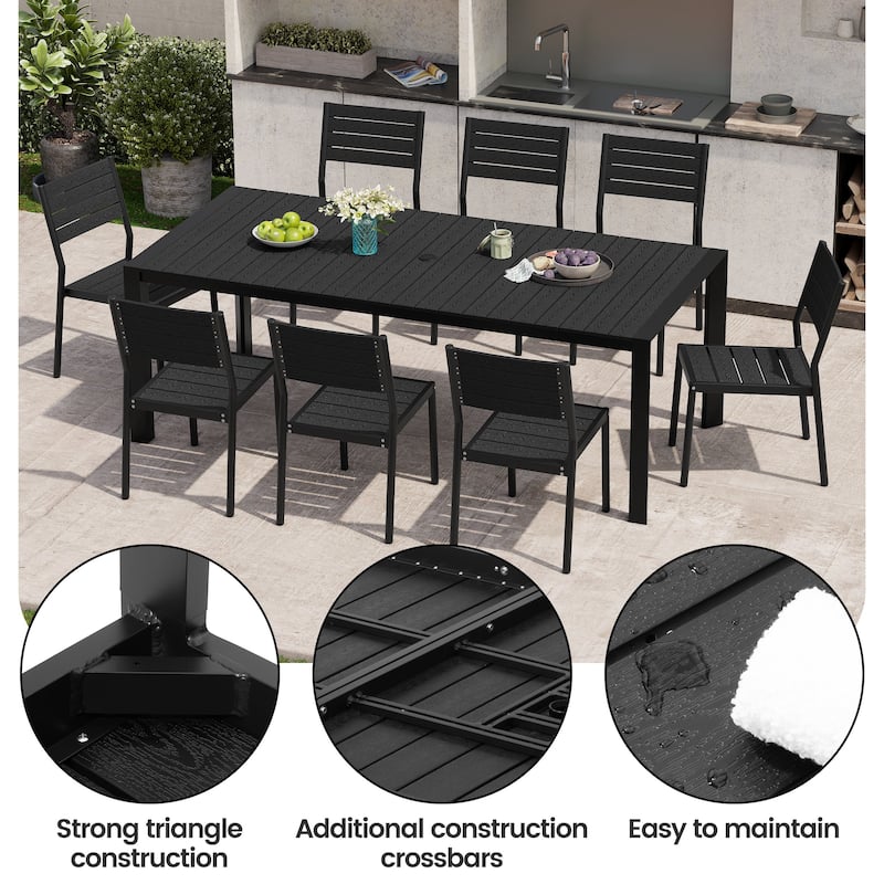9PCS Outdoor Aluminum Dining Table with Umbrella Hole and Stackable Dining Chairs