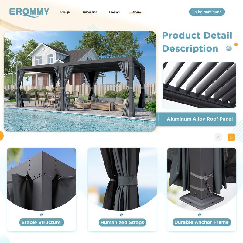 EROMMY Outdoor Louvered Pergola Gazebo with Adjustable Aluminum Rainproof Roof