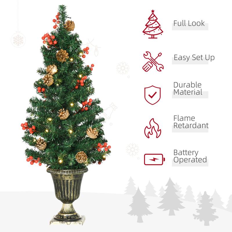 Complete Holiday Set, 2 Entrance Trees, Garland, and Wreath with LED Lights, Berries and Pine Cones for Home Holiday Decor