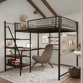 Multi-functional Storage Design Full Loft Metal Bed w/ Built-in Desk & Charging