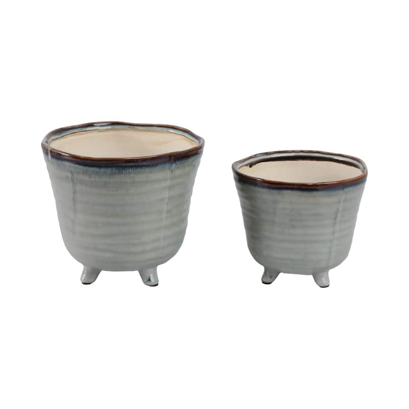 Stoneware Tripod Footed Planters Organic Rim Detail (Set of 2) - 7" x 7" x 6"