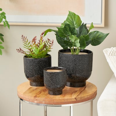Black, Light Blue or White Ceramic Speckled Planter with Linear Grooves and Tapered Bases (Set of 3)