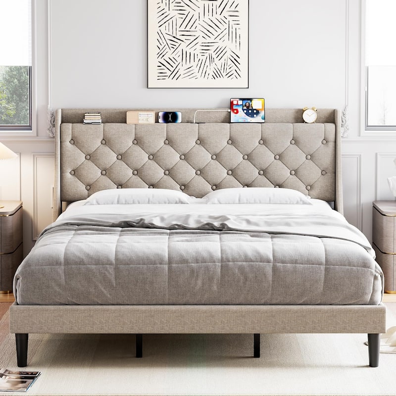 Bed Frame with Upholstered Wingback Headboard