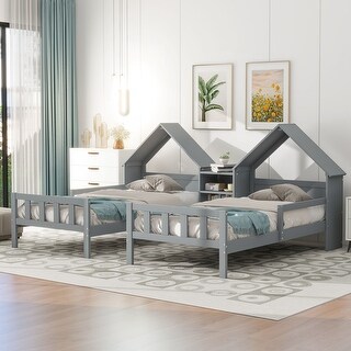 Double Twin Size Platform Bed With House-shaped Headboard,A Nightstand,Kids Bed Design