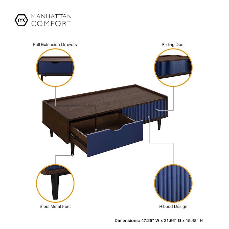 Manhattan Comfort Duane Modern Ribbed Coffee Table with Drawer and Shelf