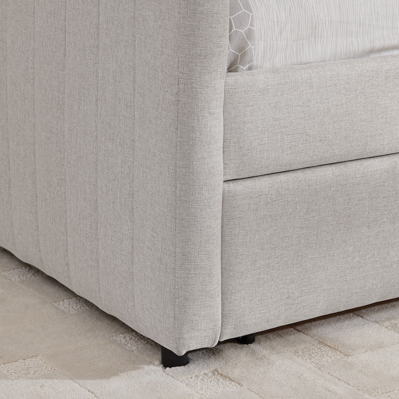 Roomfitters Queen Upholstered Daybed with Trundle and Storage Drawers, Vertical Striped Linen Sofa Bed