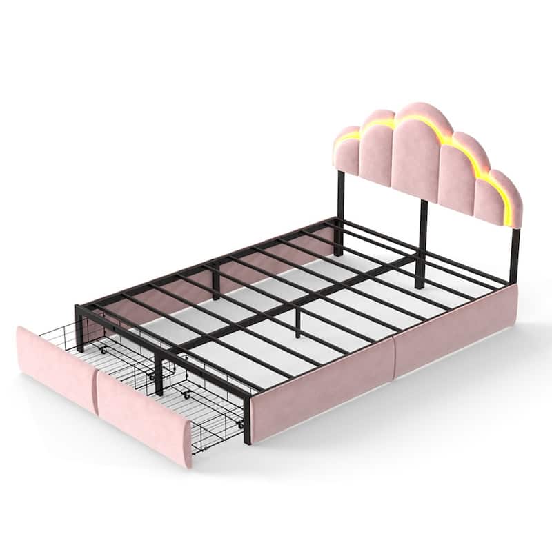 Velvet Upholstered Platform Bed with RGB LED Petal Headboard, Under Bed Storage Drawers Princess Bed Frame