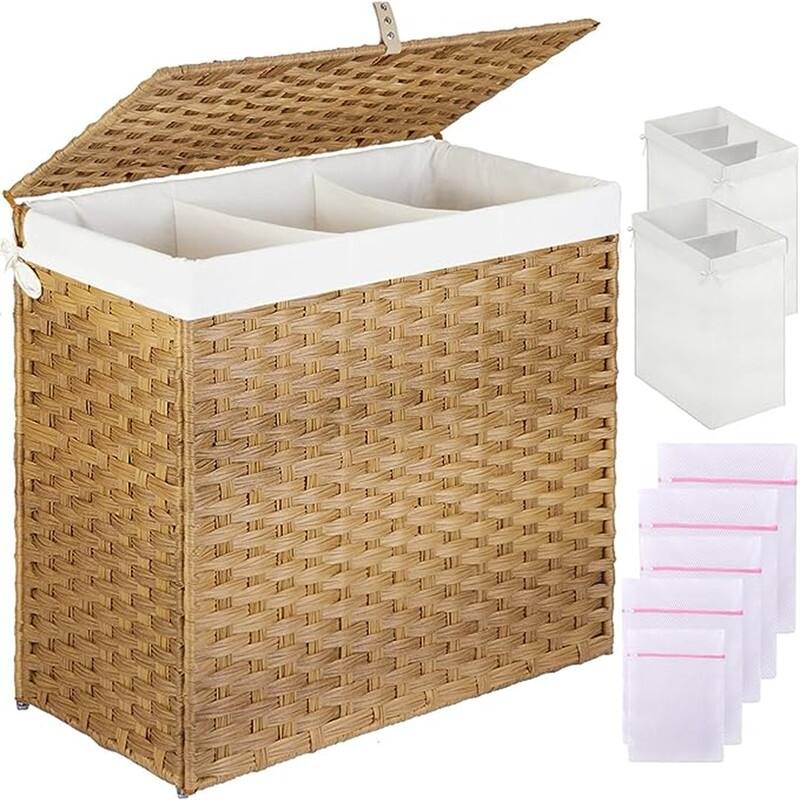 Laundry Hamper with Lid, 125L Large Clothes Hamper with 3-Section and 2-Section - 25.6"L x 13"W x 23.6"H - Natural