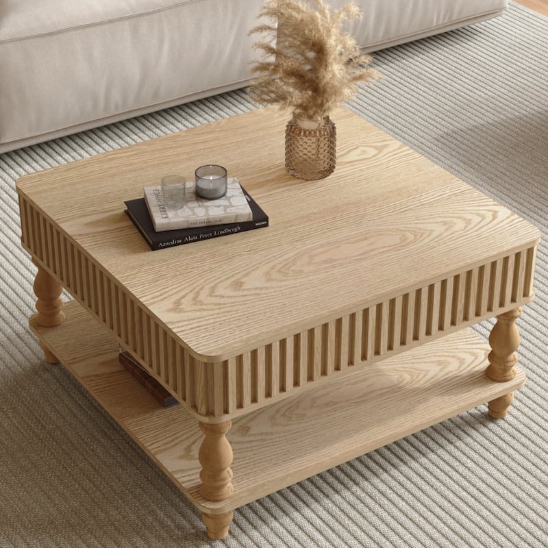 Square Fluted Lift-Top Coffee Table with Hidden & Open Storage, End Table Sofa Side Table Center Table