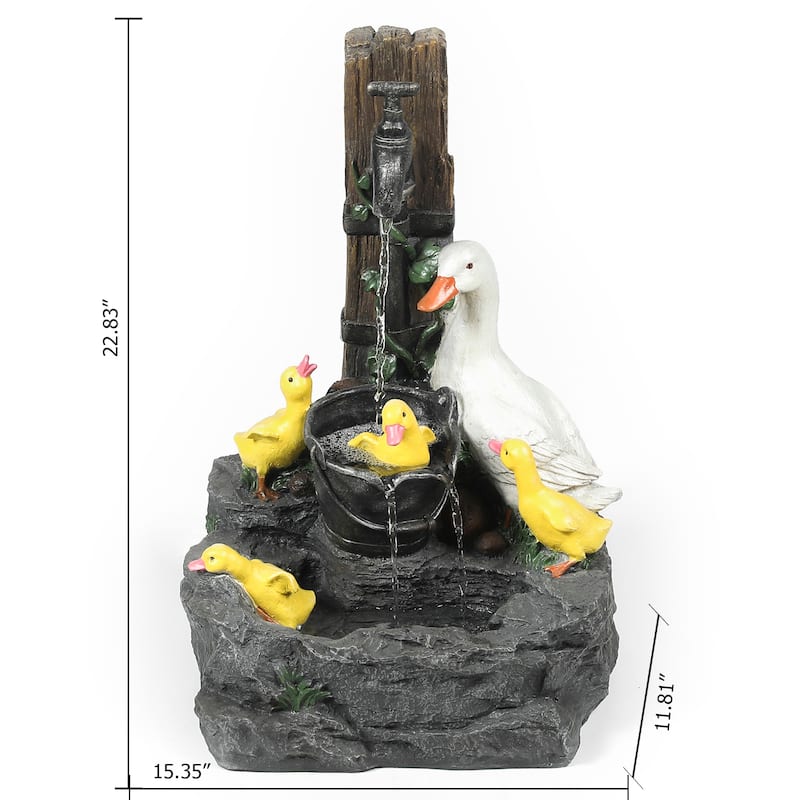 Resin Duck Family and Water Faucet Outdoor Patio Fountain