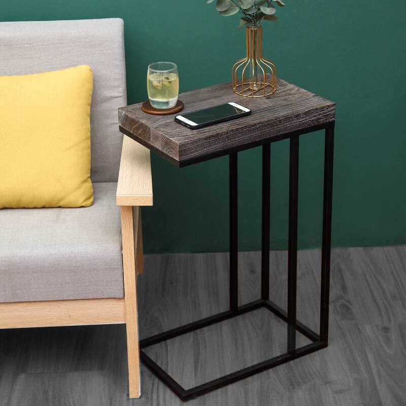 Proman Products Breeze Casual C Shaped End Table with Steel Base, Walnut, Torch Carbon finish, 16" W x 10" D x 24" H