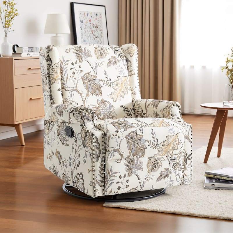Linen Manual Swivel Base Recliner Chair with Footrest - PLANTS BEIGE