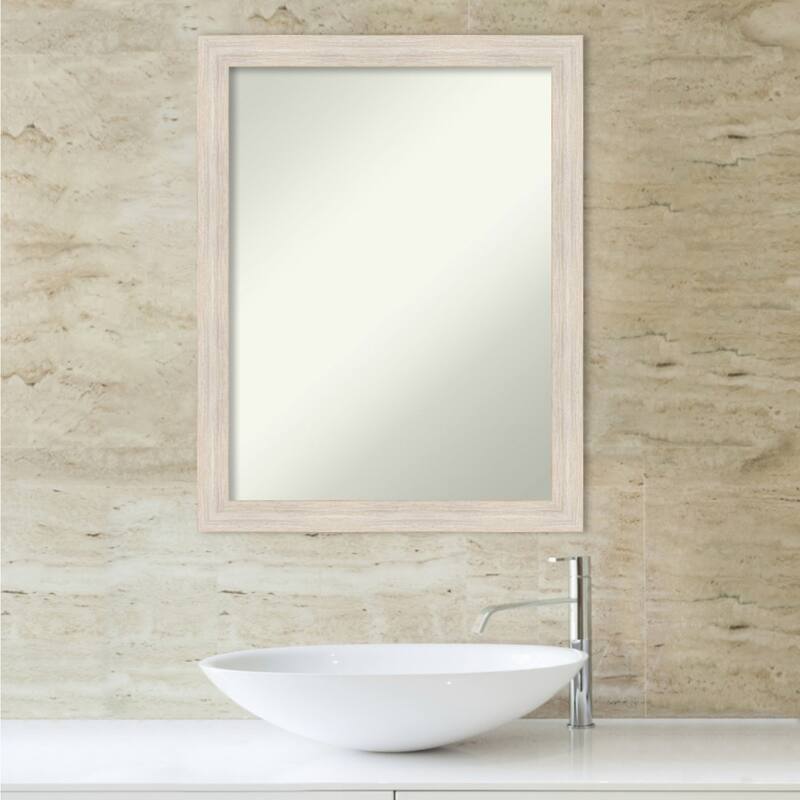 Non-Beveled Wood Bathroom Wall Mirror - Hardwood Whitewash Narrow Frame