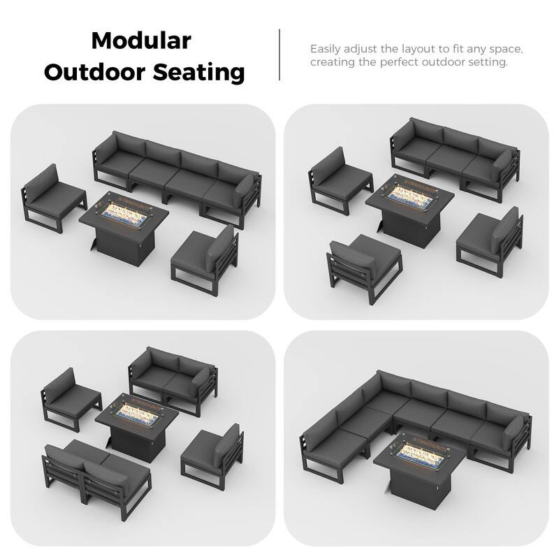 7 Piece Aluminum Patio Furniture Set with Fire Pit Propane/Natural Gas, 29 inch Deep Wide Seat Aluminum Outdoor Sectional