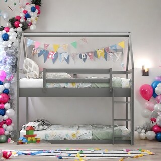 Twin over Twin Low Bunk Bed, House Bed Design with Ladder for Imaginative Play, Pine Wood and MDF