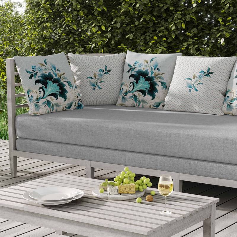 Damask Hue Indoor/Outdoor Reversible Throw Pillow Turquoise and Beige