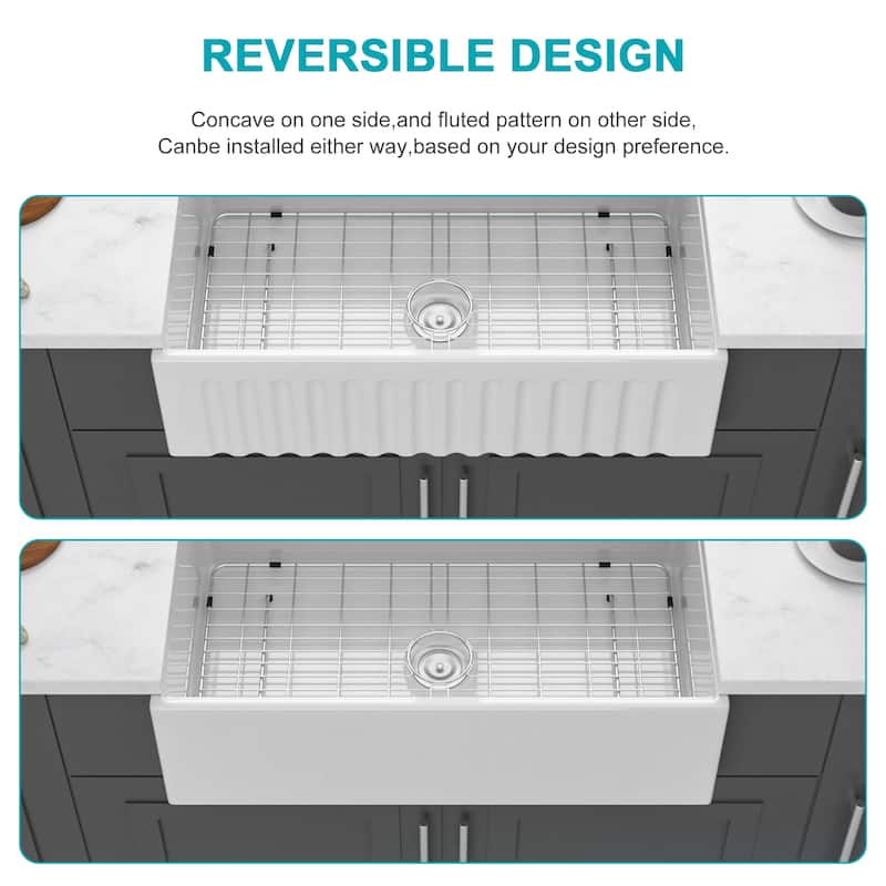 33" White Farmhouse Kitchen Sink Workstation - White Porcelain Ceramic Sngle Bowl Reversible Design Kitchen Sink
