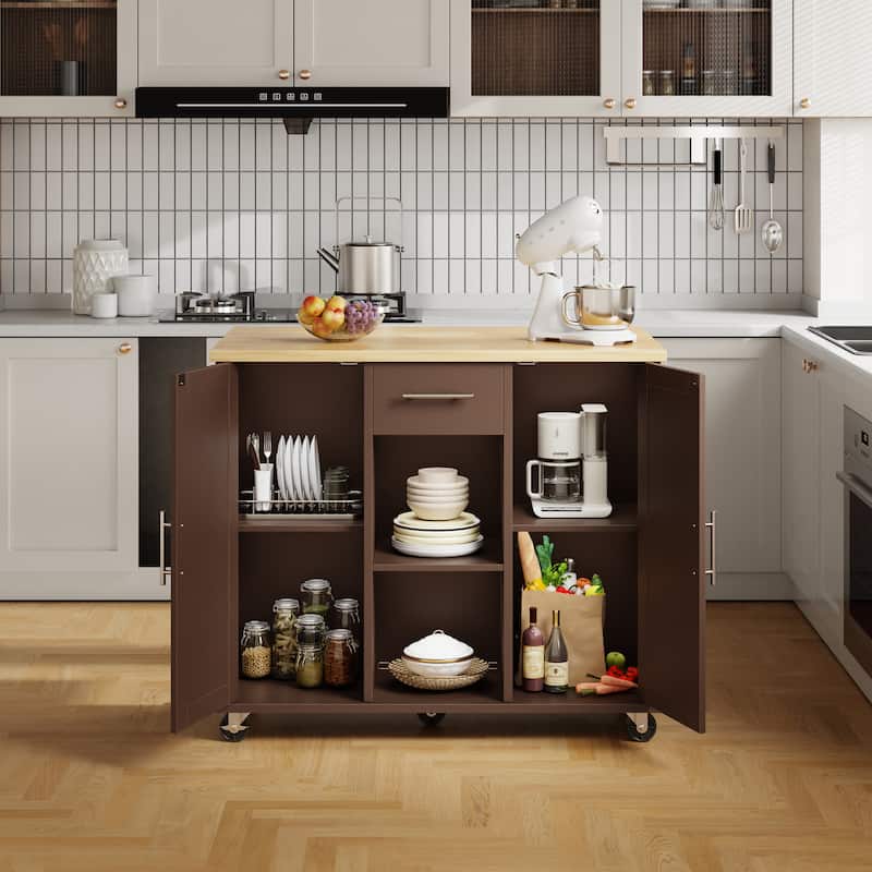 2-Door Kitchen Island with Drawer & Drop Leaf - Mobile Storage Cart on Lockable Wheels for Kitchen, Dining Room, Bar