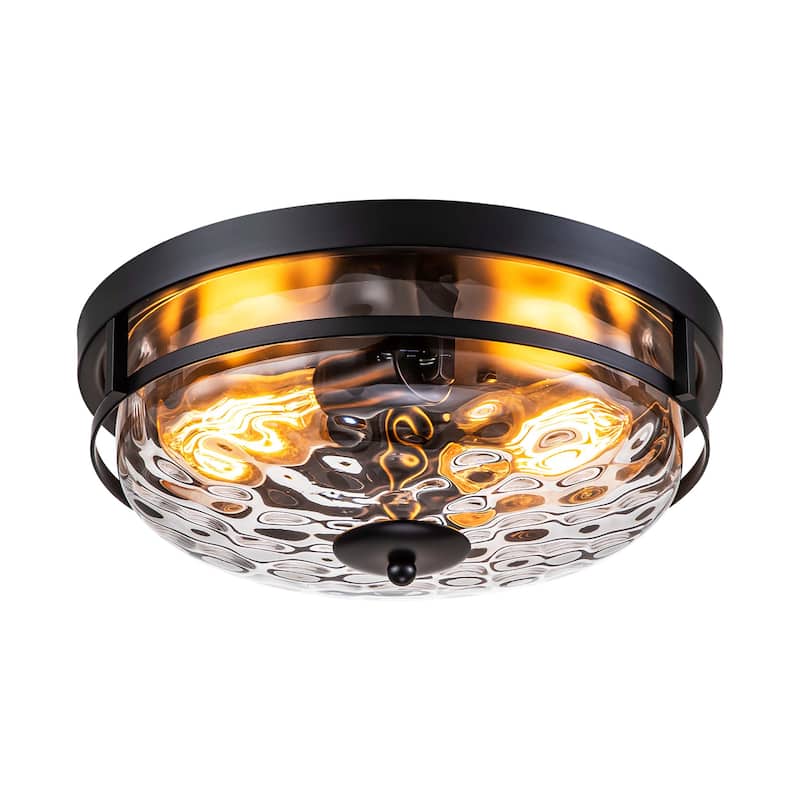 2-Light Mid-Century Modern Industrial Farmhouse Round Dome Glass Flush Mount Light - 12.9 in. W x 5.5 in. H
