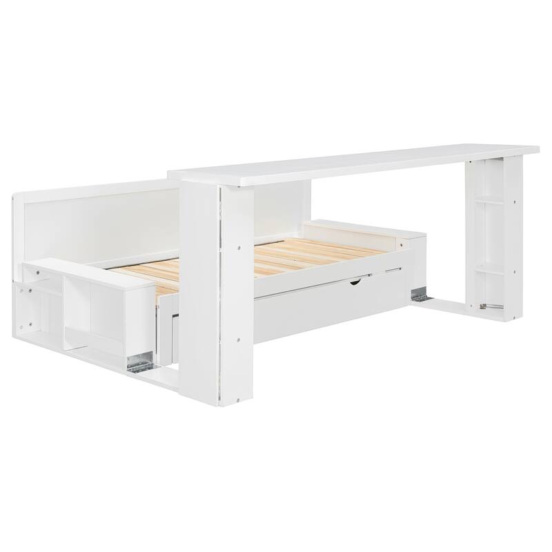Multifunctional Sofa Bed Convertible Daybed with Removable Integrated Desk/Hydraulic Side Table/Storage Drawers for Small Spaces