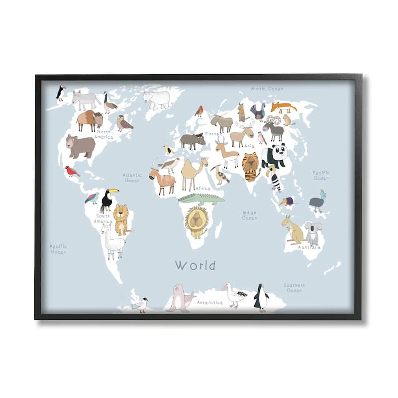 Stupell Children's Animal World Map Playful Illustration Light Blue Framed Wall Art - 24 x 30 - Black