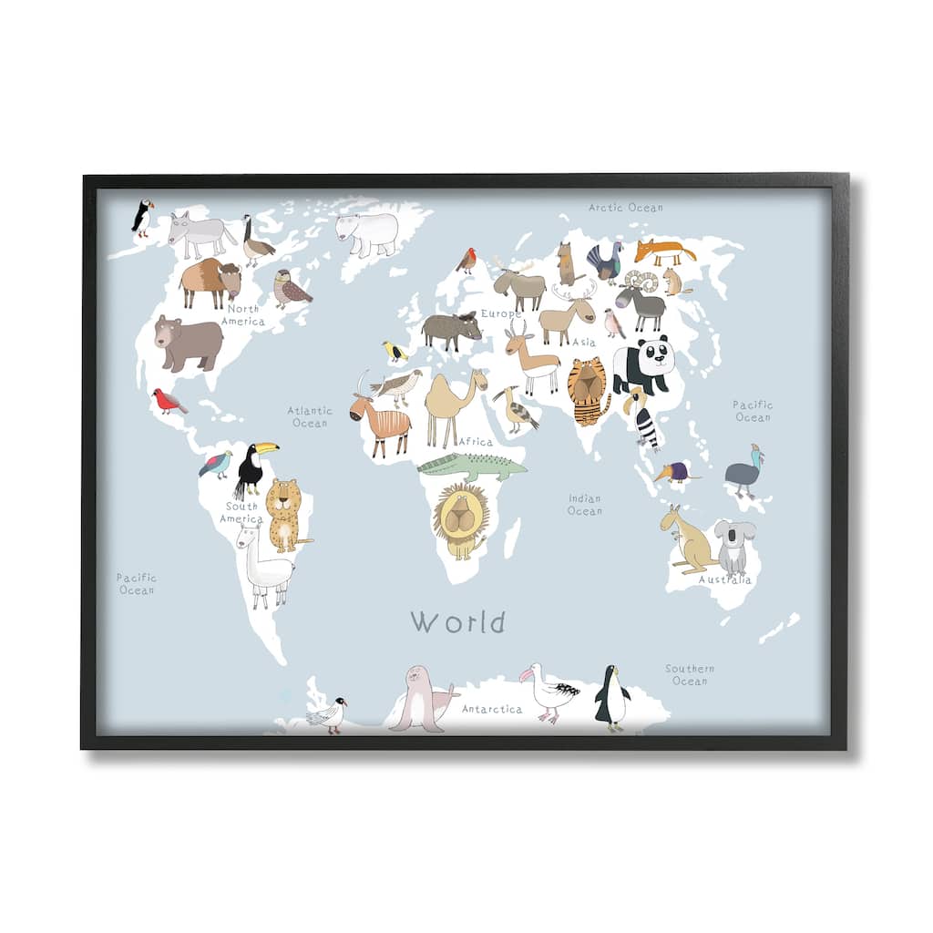 Stupell Children's Animal World Map Playful Illustration Light Blue Framed Wall Art