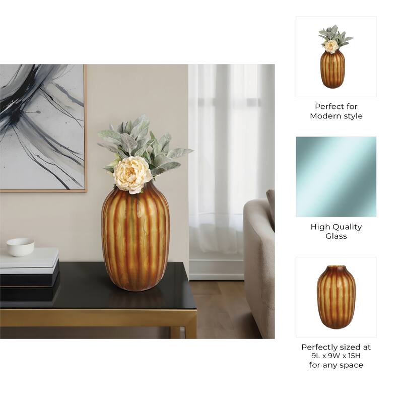 Glass Large Vertical Ribbed Decorative Vase - Brown