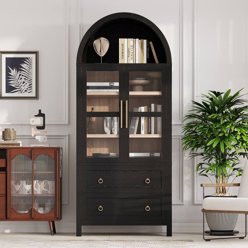 71" Tall Arched Kitchen Pantry Cabinet with 2 Large Drawers,Glass Door,Wood Versatile Cupboard for Kitchens,Dining Room - N/A