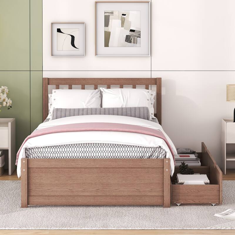 Space-Saving Twin Size Platform Bed with 2 Storage Drawers, Sturdy Rubber Wood Frame - Easy Assembly