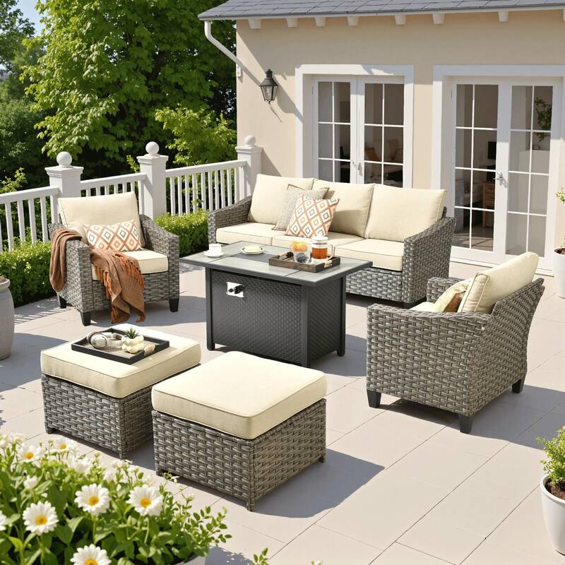 HOOOWOOO 6-piece Patio Furniture Wicker Conversation Set with Fire Pit Table - Beige
