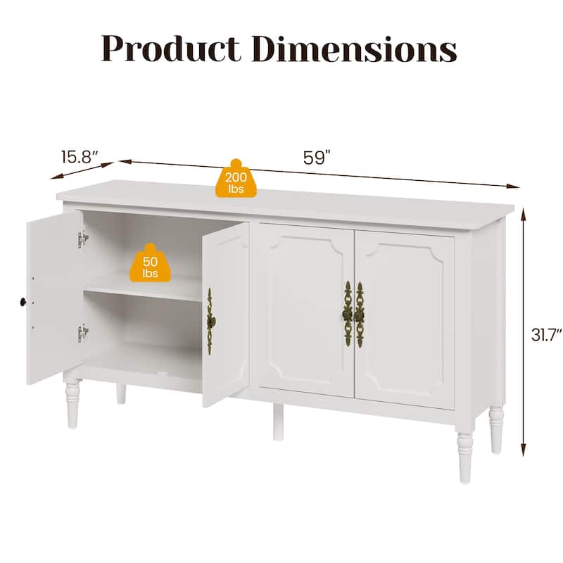 59" W Sideboard Cabinet with Adjustable Shelves and 4 Doors
