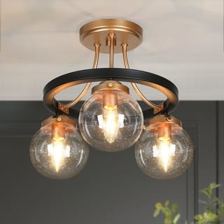 Modern Farmhouse 3-Light Black Gold Semi-Flush Mount Glass Ceiling Light - 14.5" D x 12" H