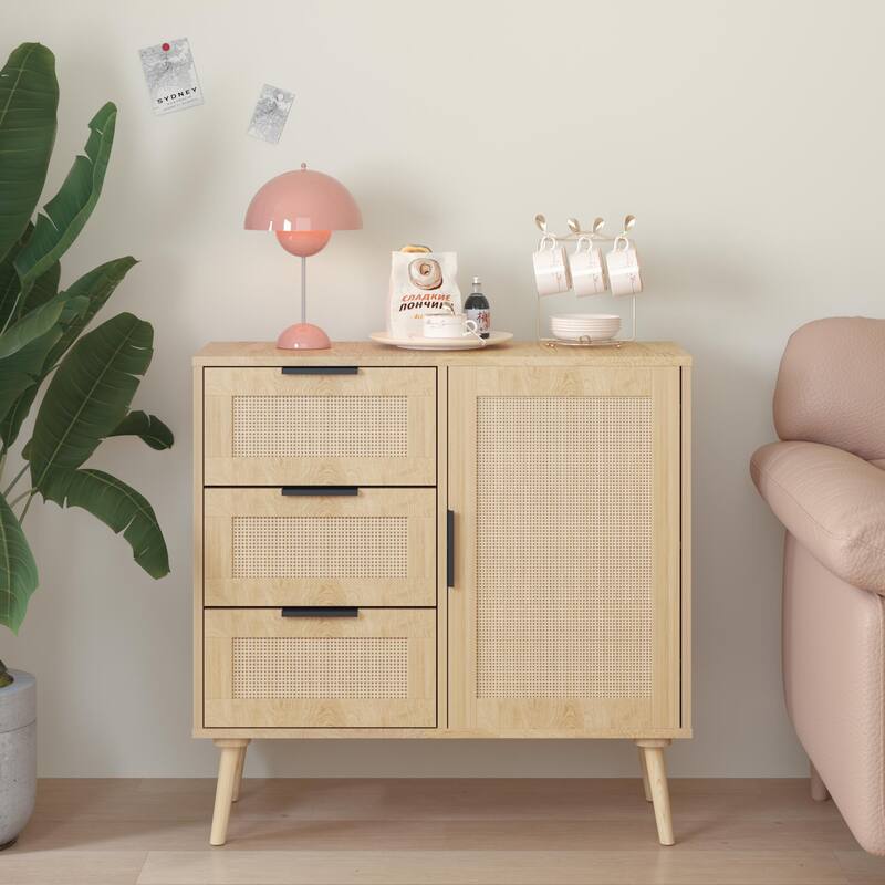 Modern Wooden Storage Cabinet with Three Spacious Drawers and Adjustable Shelf - Antique Natural,Rattan