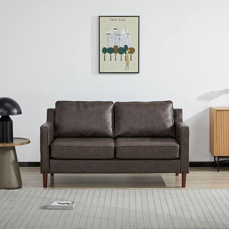 Sedona Modern Loveseat Sofa, Faux Linen / Vegan Leather Couch - Brown