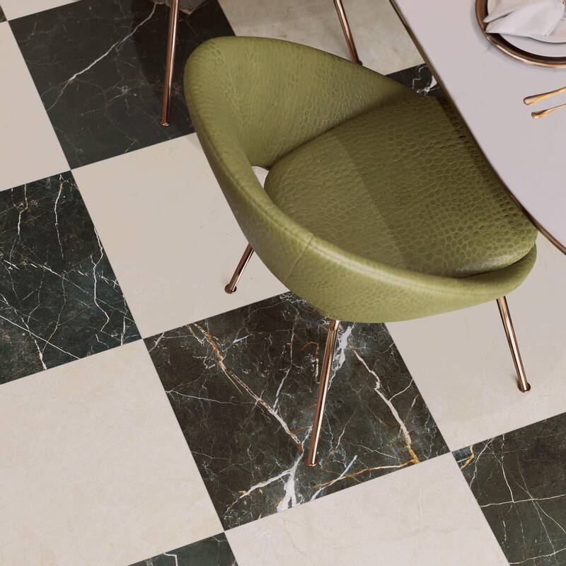 Merola Tile Reve Checker Beige with Noir 23-1/2" x 23-1/2" Porcelain Floor and Wall Tile