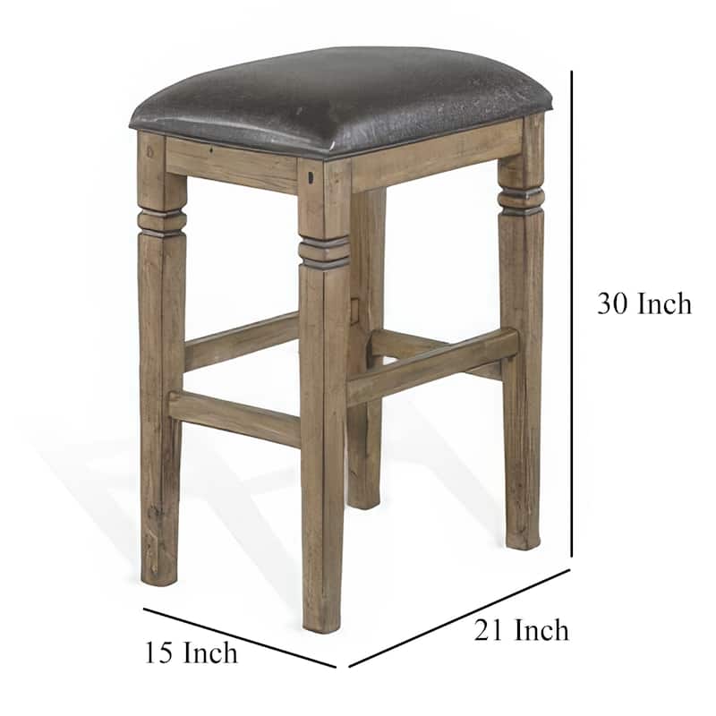 Yael Barstool, Set of 2, Black Faux Leather Cushioned, Taupe MahoganyWood