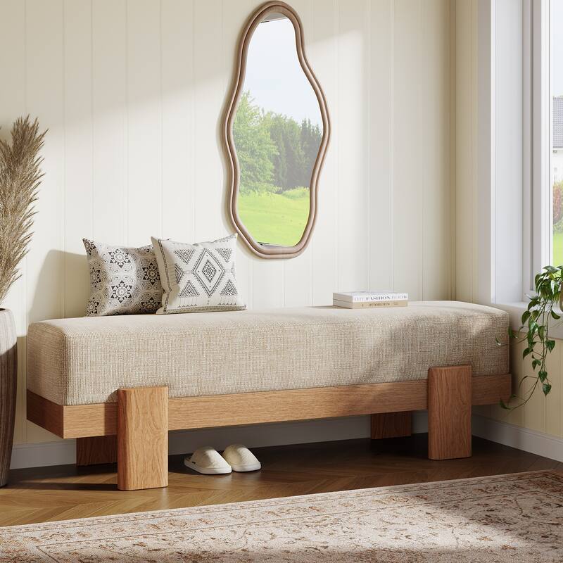 55-Inch Upholstered Entryway Bench, Modern Shoe Bench with Padded - Beige