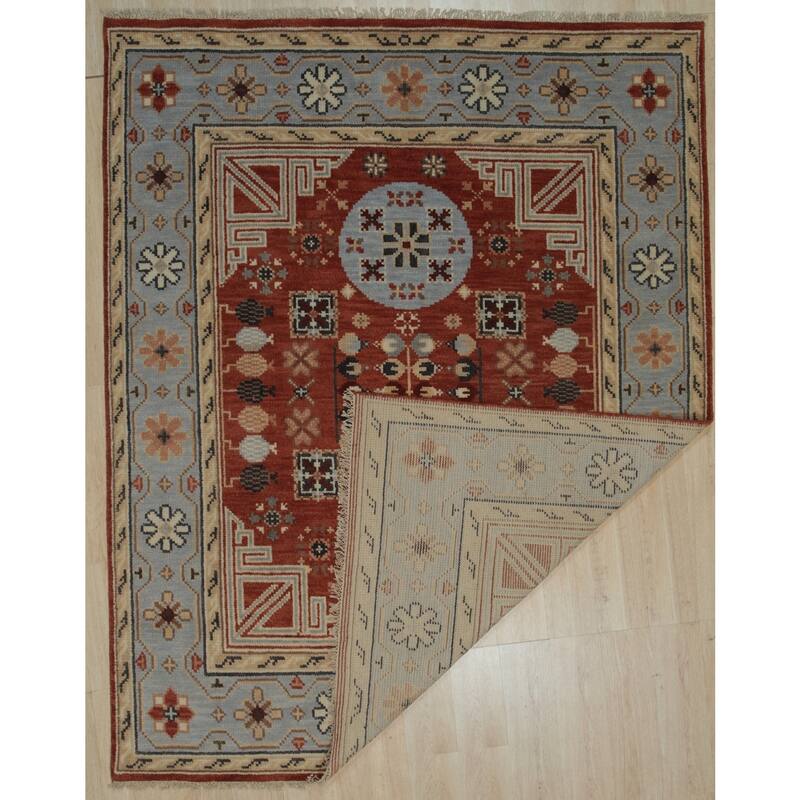 Rust Hand Knotted Wool Traditional Rug 8' x 10' - Khotan Weave Low Pile Dense Soft High Traffic Design - N/A
