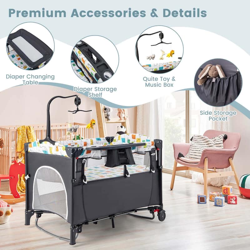 Honeyjoy 5-in-1 Baby Crib with Adjustable Height Soft Mattress - See Details