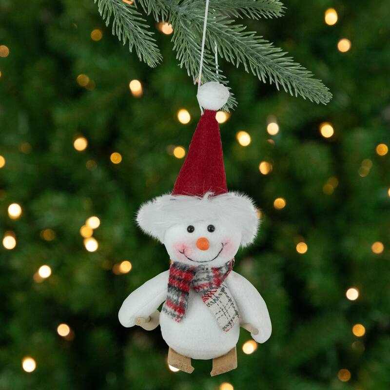 Skiing Snowman with Santa Hat and Plaid Scarf Christmas Ornament - 9.5"