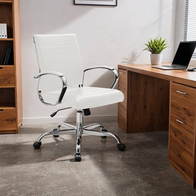 Benmar Modern Leather Ribbed Executive Office Chair with Chrome Frame, Adjustable Height, 360° Swivel, and Rolling Casters