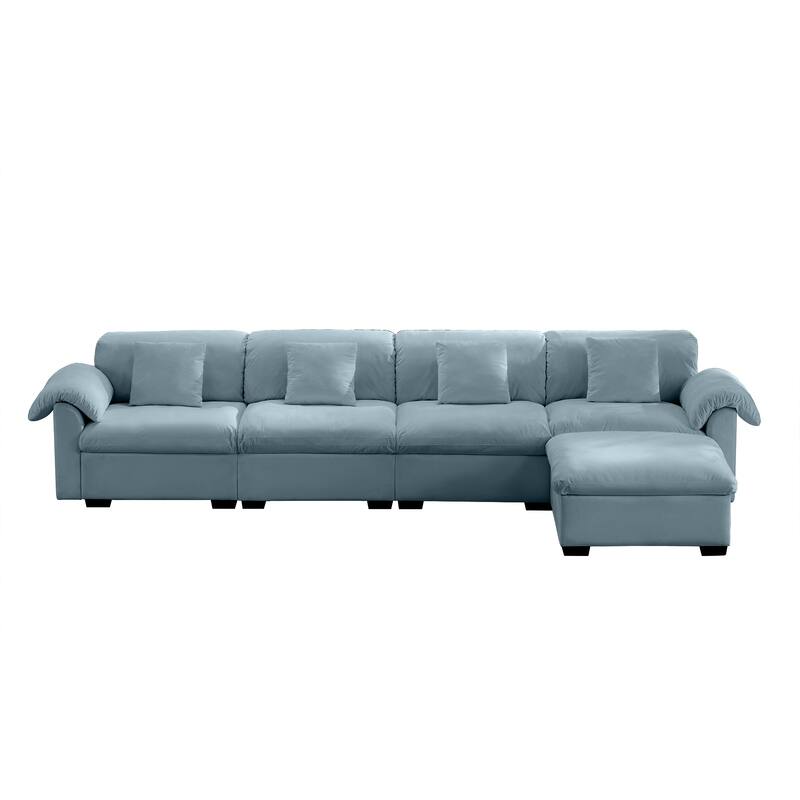 154.7" Velvet L-Shaped Sectional Sofa with Cloud Cushions & Ottoman