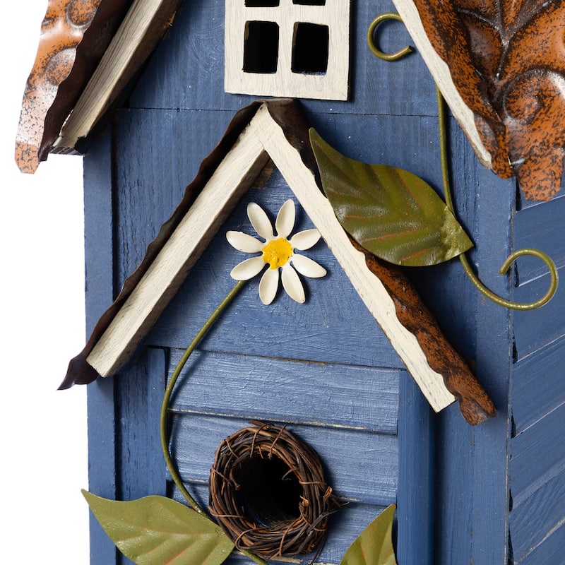 Glitzhome 24.25"H Oversized Washed Blue or White 3-Tiered Solid Wood Villa Decorative Outdoor Garden Birdhouse
