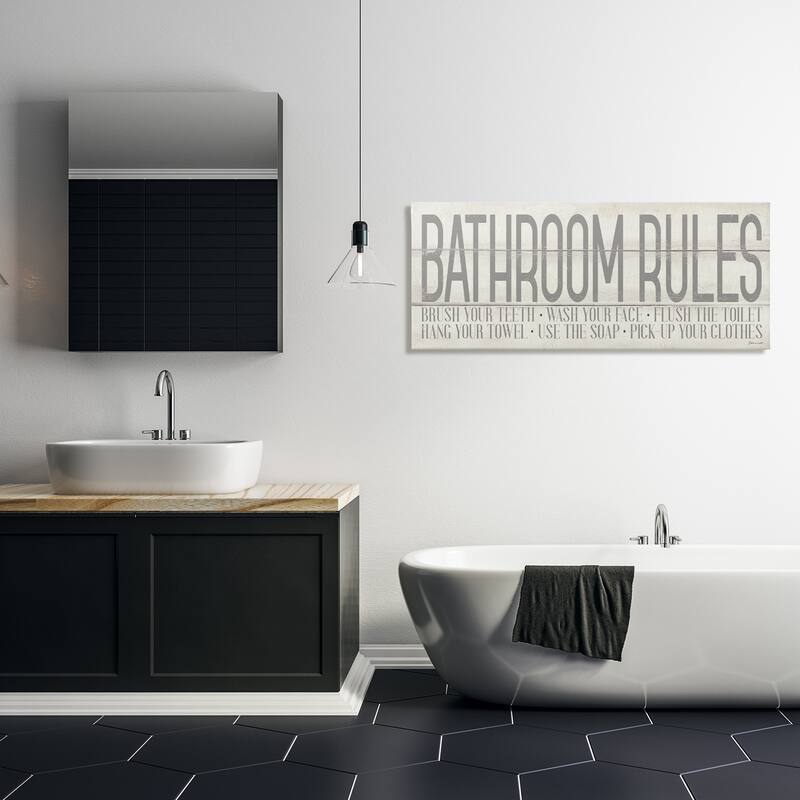 Stupell 'Bathroom Rules' Grey and White Planked Look Typography Canvas Wall Art